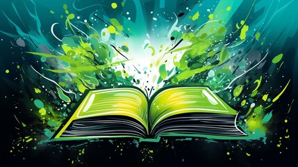 Abstract colorful illustration of a book exploding in green colors on a dark background