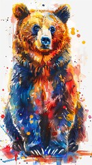 Brown bear grizzly painting in watercolo style vertical