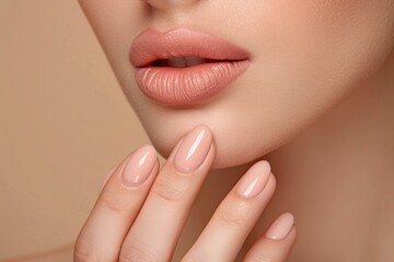 Smooth fresh glowing skin woman touching her face in beige background for beauty and skincare concepts.