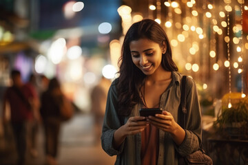 Obraz premium young indian woman using smartphone on street
