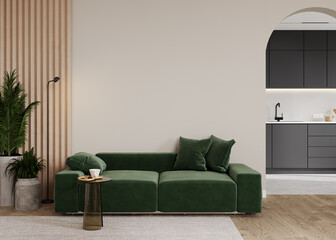 bright modern living room with green sofa, wall panel and green plant on wooden laminate. Scandinavian style, cozy interior background. Bright stylish room mockup. 3d render