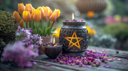 ceramic jar decorated with yellow pentacle star and a candle inside it on the table with tulips and purple flowers in he garden at spring. 