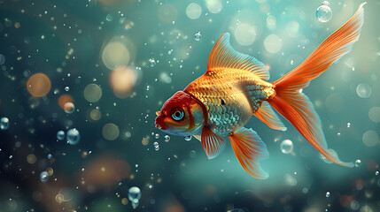 A goldfish donning a crown of bubbles and clutching a pebble. with its fins fluttering