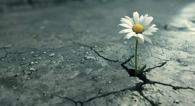 A single daisy growing through a crack in a stark, concrete floor