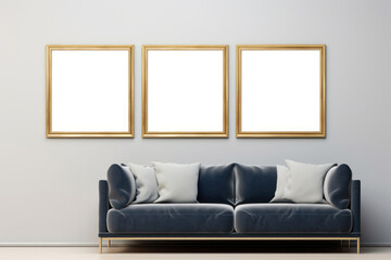 Elegant Living Room with Blue Sofa and Gold-Framed Art