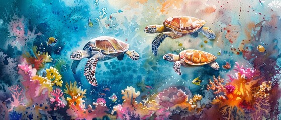 Fototapeta na wymiar Three sea turtles swim over a colorful coral reef.