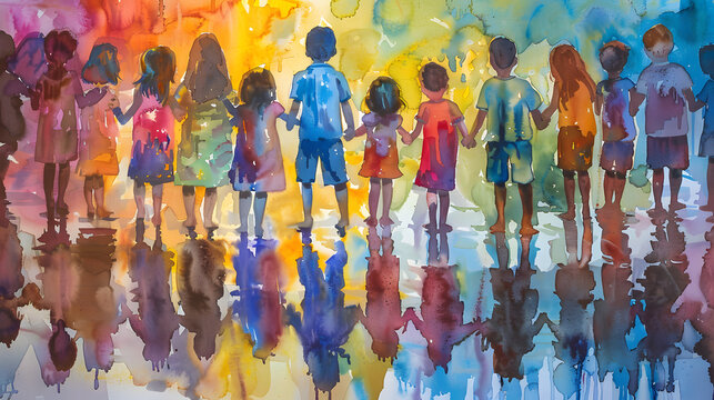 A group of children holding hands. standing in front and behind each other with their backs to the camera. The watercolor painting depicts colorful reflections on wet ground 