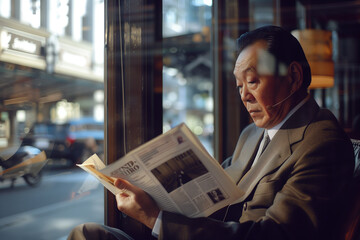 A focused man in a classic suit, deeply absorbed in the morning news, capturing the essence of timeless tradition.