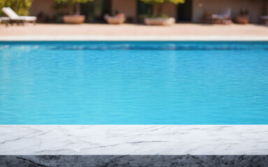 stone board empty table background. abstract blurred swimming pool background