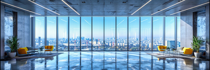 Modern Office Interior with Panoramic City View, Sleek Design in a Spacious Skyscraper, Bright and Clean Workspace