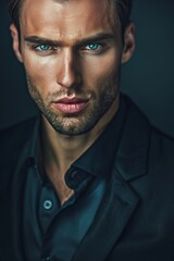 Obraz premium a perfectly smooth face looks into the frame, a portrait of an ideal very well-groomed beautiful serios man