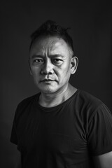 Obraz premium a realistic soft black and white studio portrait shoot of a 40 year old indonesian man against a black backdrop from the waist up