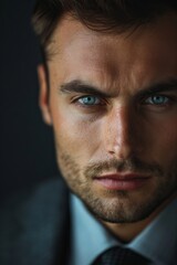 Fototapeta premium a perfectly smooth face looks into the frame, a portrait of an ideal very well-groomed beautiful serios man 30 years old in suit, 