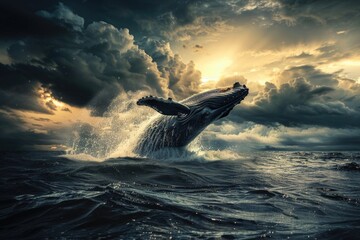 Humpback whales swimming and breaching in the ocean.