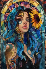 A vibrant stained glass window doubles as a collage art illustration, showcasing a majestic flower of the aeons. 