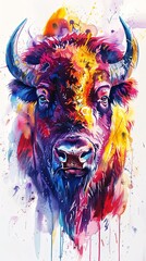 Vertical portait design of bison in multicolor watercolor style
