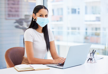 Woman, face mask and portrait in office with laptop, risk of bird flu or virus with protection,...