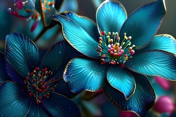 Vibrantly colored flower patterns cover the terrain. Blue-colored translucent petals emitting a gentle bioluminescence, resembling an alien flower - obrazy, fototapety, plakaty