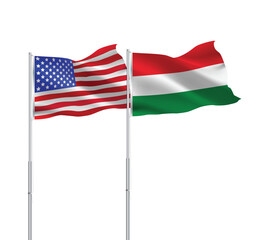 American and Hungarian flags together.USA,Hungary flags on pole