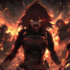 A determined anime girl with fiery eyes, leading her companions into battle.