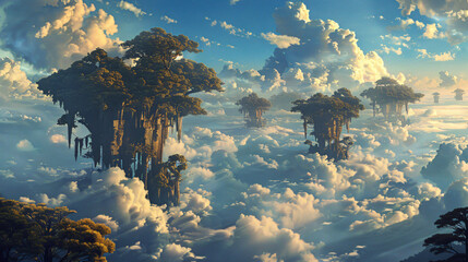 Beautiful fantasy landscape surrealism. trees and clouds
