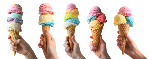 Collection of hand holding pastel rainbow Ice cream double triple scoop, on waffle cone on transparent background cutout, PNG file. Many different flavour Mockup template for artwork design.	
