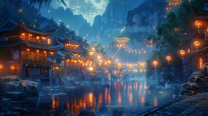 Beautiful fantasy mountain Chinese village decorated 