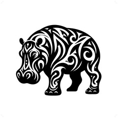 Hippo in modern tribal tattoo, abstract line art of animals, minimalist contour. Vector