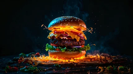 Fotobehang illustration of a vibrant glowing burger on black background,toasted sesame seed bun, lettuce, onion,  lots of bacon, tomatoes, steamy, hot and luscious cheese sauce © Appu