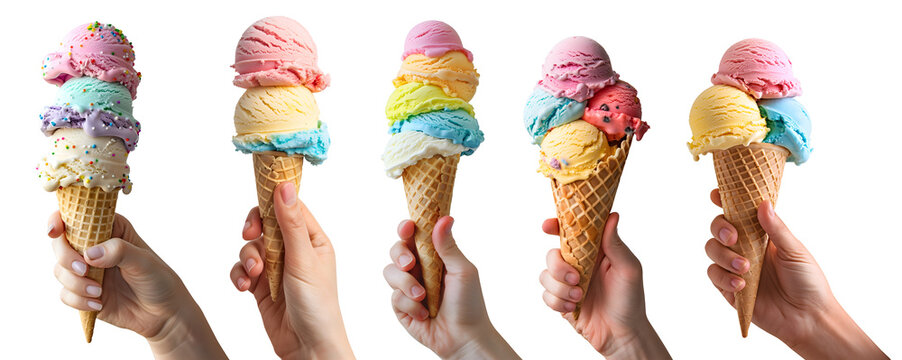 Collection of hand holding pastel rainbow Ice cream double triple scoop, on waffle cone on transparent background cutout, PNG file. Many different flavour Mockup template for artwork design.	
