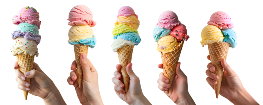Collection of hand holding pastel rainbow Ice cream double triple scoop, on waffle cone on transparent background cutout, PNG file. Many different flavour Mockup template for artwork design.	
