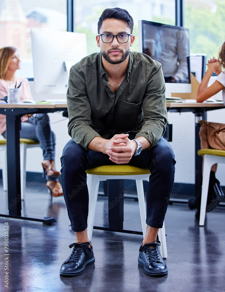 Poster man, startup and creative in portrait at office with mission, happiness for job with digital design.