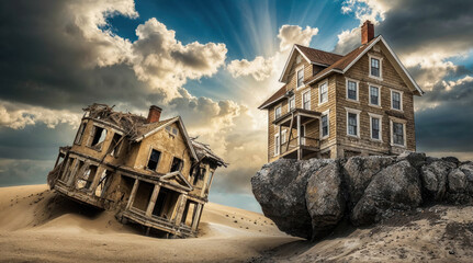 House constructed on the sand vs house constructed on a rock. Parable of the wise and foolish builders. Gospel of Matthew. Hearing Jesus' teachings and putting them into practice. Blue sky with sun