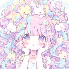 Anime girl with pastel-colored hair, surrounded by cute animal companions like unicorns and bunnies.