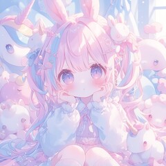 Anime girl with pastel-colored hair, surrounded by cute animal companions like unicorns and bunnies.
