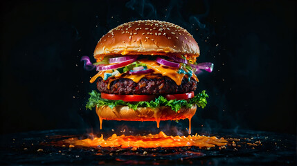 illustration of a vibrant glowing burger on black background,toasted sesame seed bun, lettuce, onion, 
lots of bacon, tomatoes, steamy, hot and luscious cheese sauce - obrazy, fototapety, plakaty
