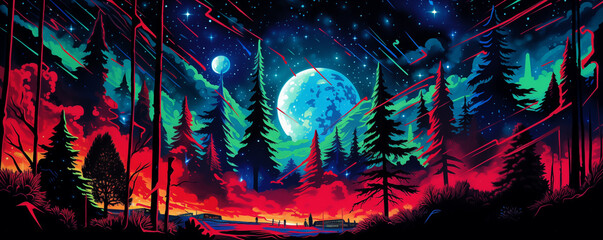 A colorful painting of a forest with a large blue moon in the sky