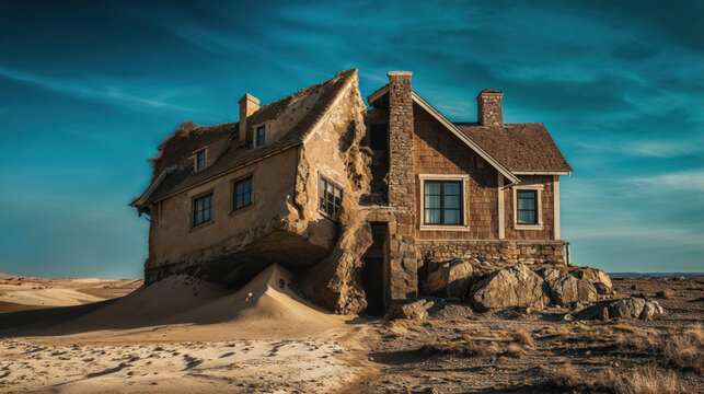 House constructed on the sand vs house constructed on a rock. Parable of the wise and foolish builders. Gospel of Matthew. Hearing Jesus' teachings and putting them into practice. Blue sky