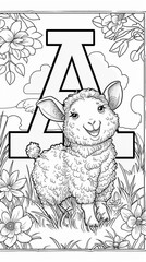 Alphabets & Numbers: A coloring book page featuring a large, bold letter 'A' with a cute animal