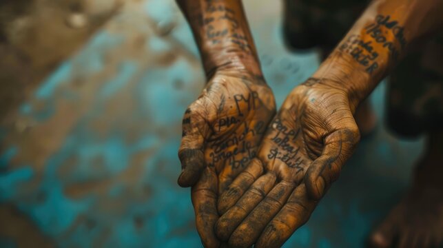 Supportive message written on clasped hands in close-up, dedicated to international torture survivors' day. International Day in Support of Victims of Torture