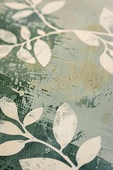 simple japandi vintage painting with woodcut texture in light sage and white 