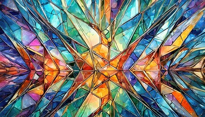 Capture an abstract geometric background featuring a complex crystalline structure that resembles a kaleidoscope of glass. Use sharp