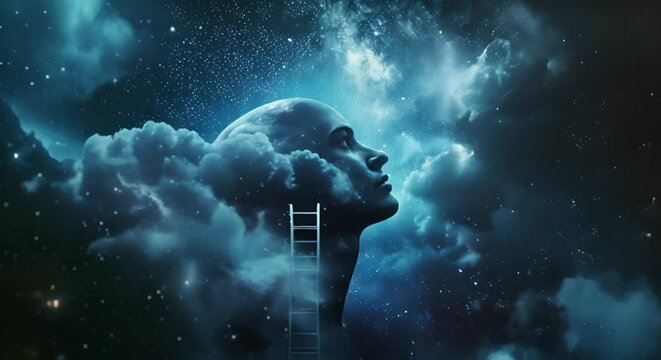 A head looking up, with a ladder reaching to the stars, symbolizing aspiration and ambition