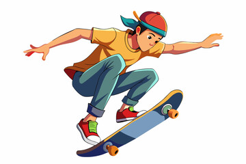 Skateboarder doing a kickflip white background