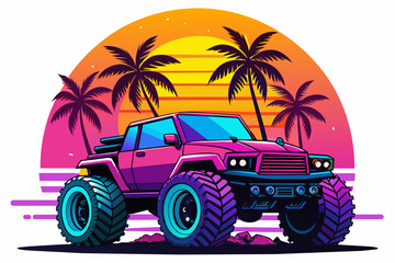 Vector art of synthase 4WD Monster Truck with pal trees and sunset, white background