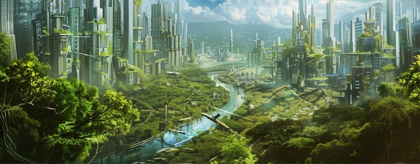 A big city in the forest,Serene Forest Waterscape Under Sunny Sky
