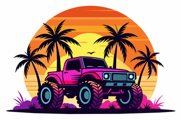 Vector art of synthase 4WD Monster Truck with pal trees and sunset, white background