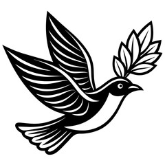 Flying bird icon logo with leave in his lips vector silhouette 