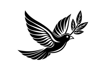 Flying bird icon logo with leave in his lips vector silhouette 