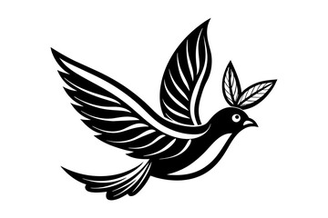 Flying bird icon logo with leave in his lips vector silhouette 